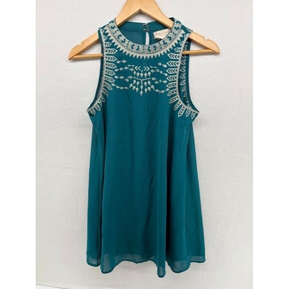 Altar'd State Green Sundress Gold Embroidery Accent Size Small Lined High Neck - Picture 1 of 10